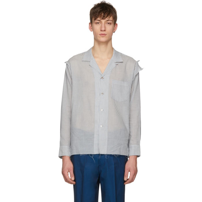 Sulvam White and Grey Striped Open Collar Slit Shirt Sulvam