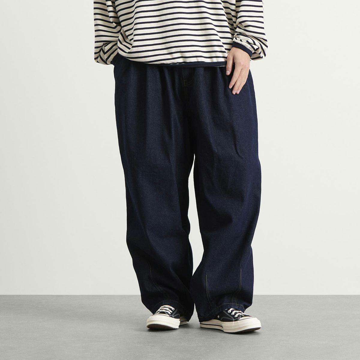 Anglan Men's Rigid Indigo Denim Balloon Pants in Dark Blue Anglan