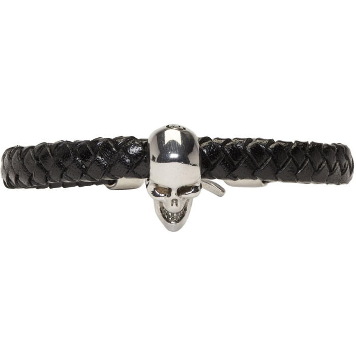 Photo: Alexander McQueen Black and Silver Braided Leather Skull Bracelet 