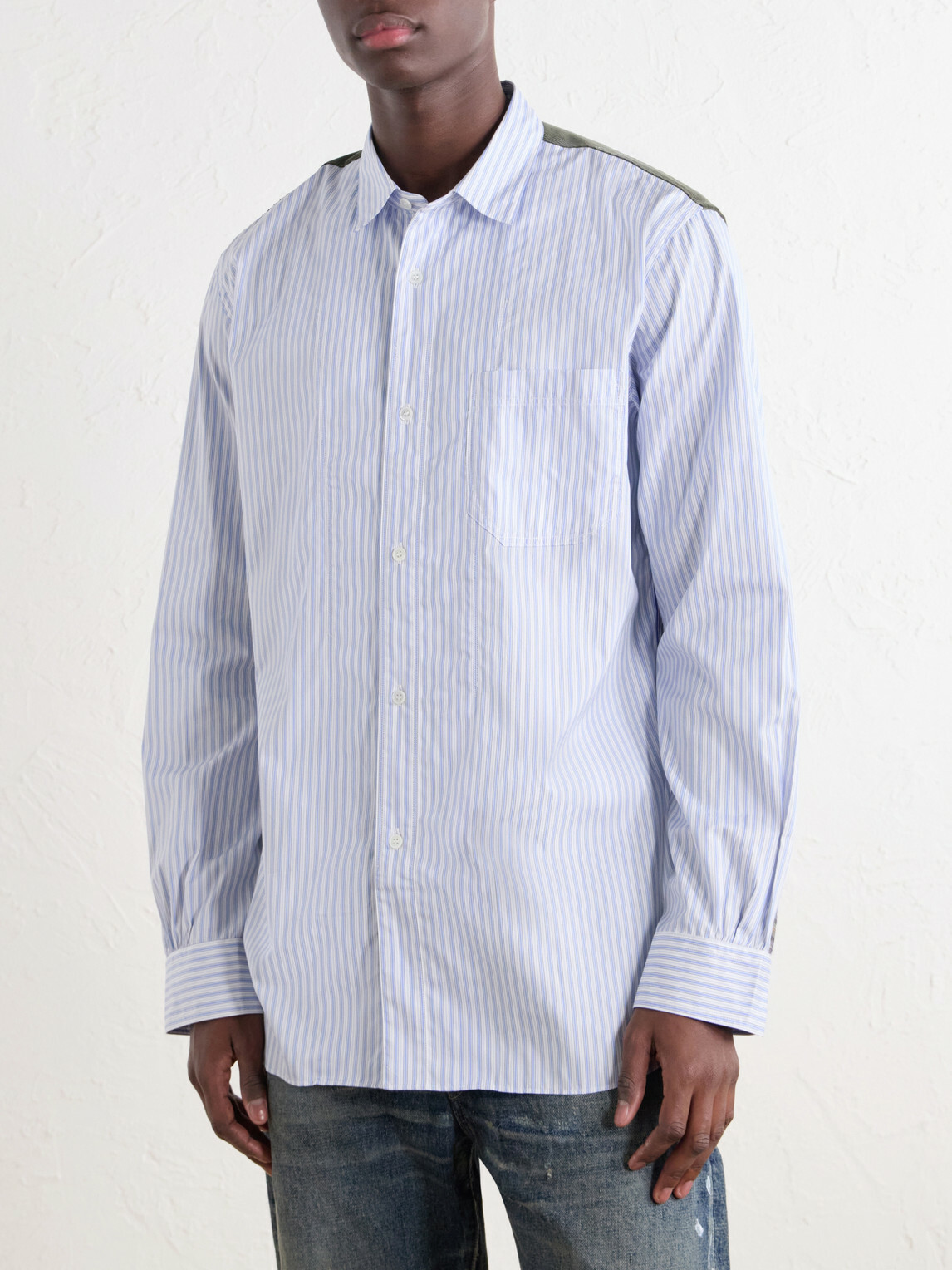 Junya Watanabe - Striped Corduroy and Twill-Trimmed Cotton-Poplin Shirt - Blue