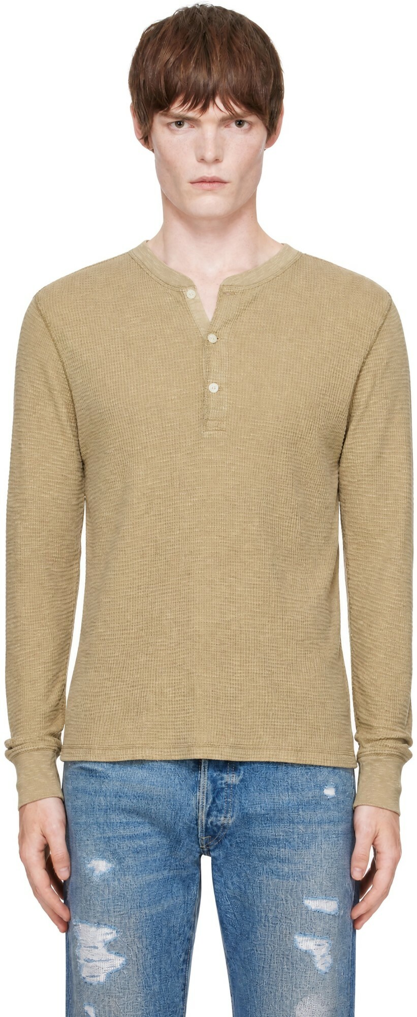 RRL Beige Waffle-Knit Henley