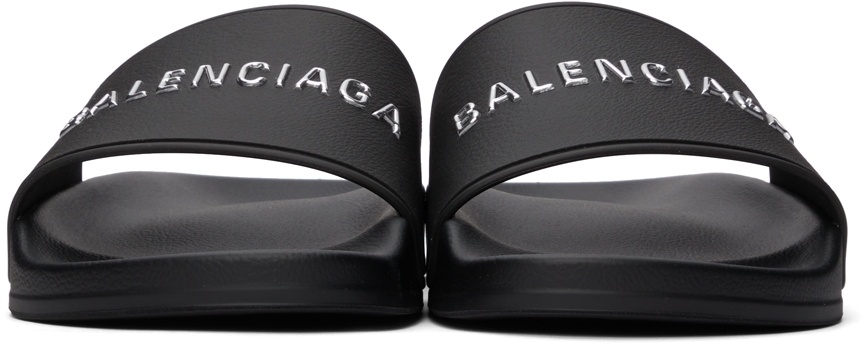 Balenciaga Black & Silver Logo Pool Slides Balenciaga