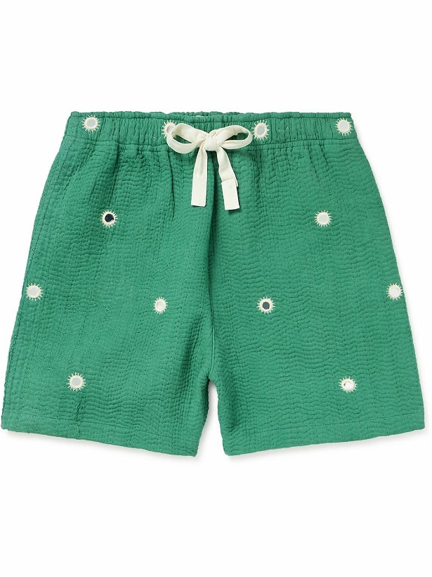 Photo: Karu Research - Wide-Leg Embroidered Cotton Drawstring Shorts - Green
