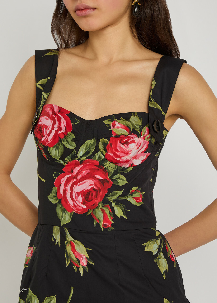 Dolce & Gabbana Floral-print Cotton-poplin Mini Dress Black