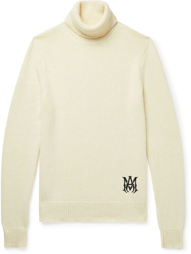 Photo: AMIRI - Logo-Embroidered Cashmere and Wool-Blend Rollneck Sweater - Neutrals
