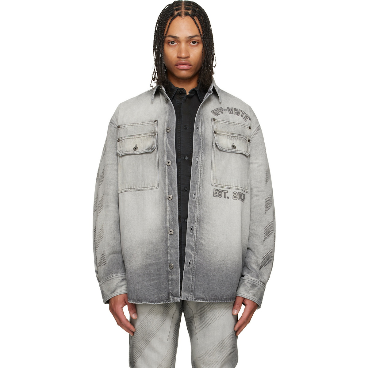 Off-White Gray Diagonal Embroidered Denim Military Overshirt
