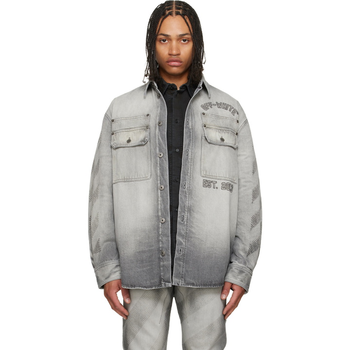 Photo: Off-White Gray Diagonal Embroidered Denim Military Overshirt