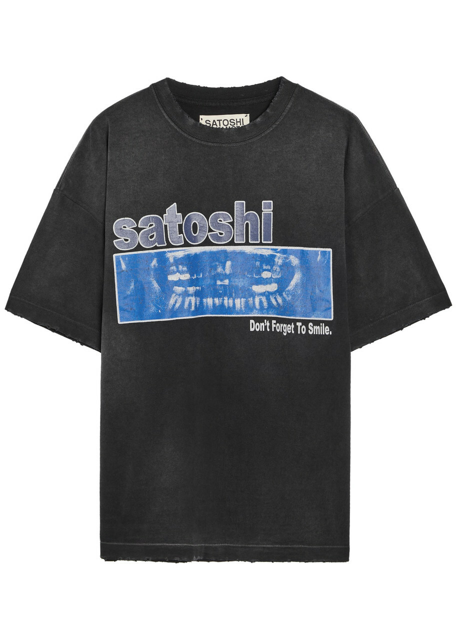 Satoshi Nakamoto Don't Forget To Smile Printed Distressed Cotton T-shirt Black