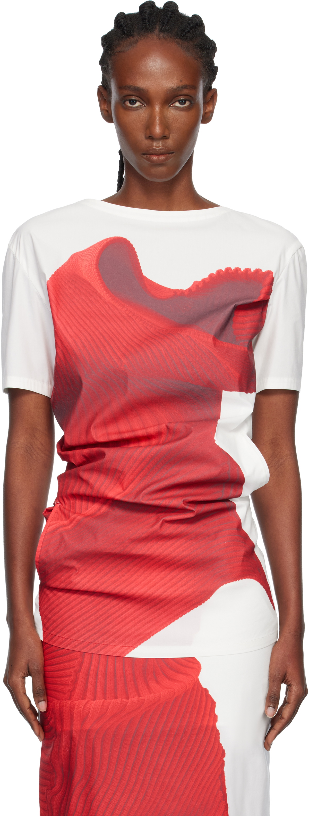 ISSEY MIYAKE White & Red Knit 'As Represented' Blouse