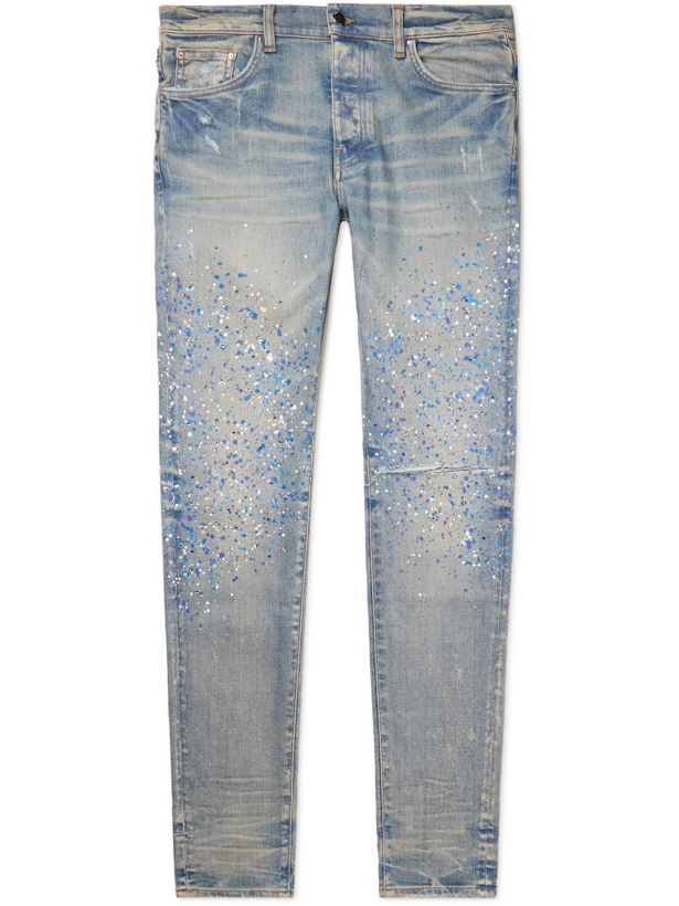 Photo: AMIRI - Skinny-Fit Distressed Crystal-Embellished Paint-Splattered Jeans - Blue