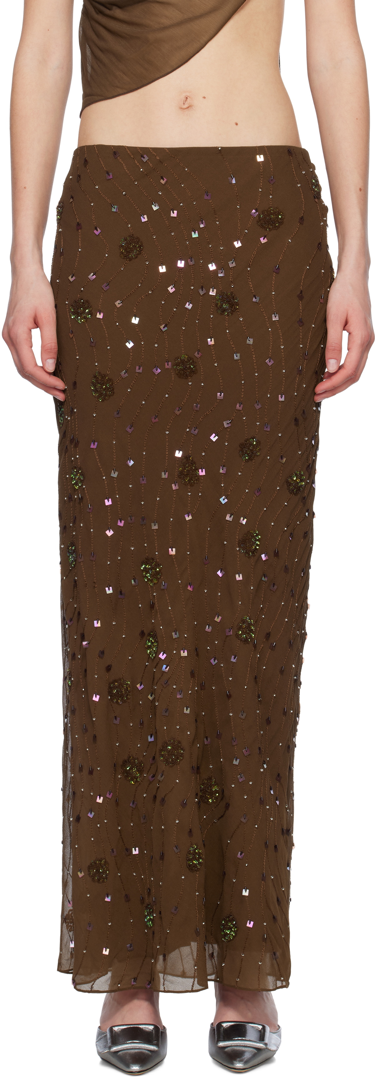 Mirror Palais Brown Beaded Maxi Skirt