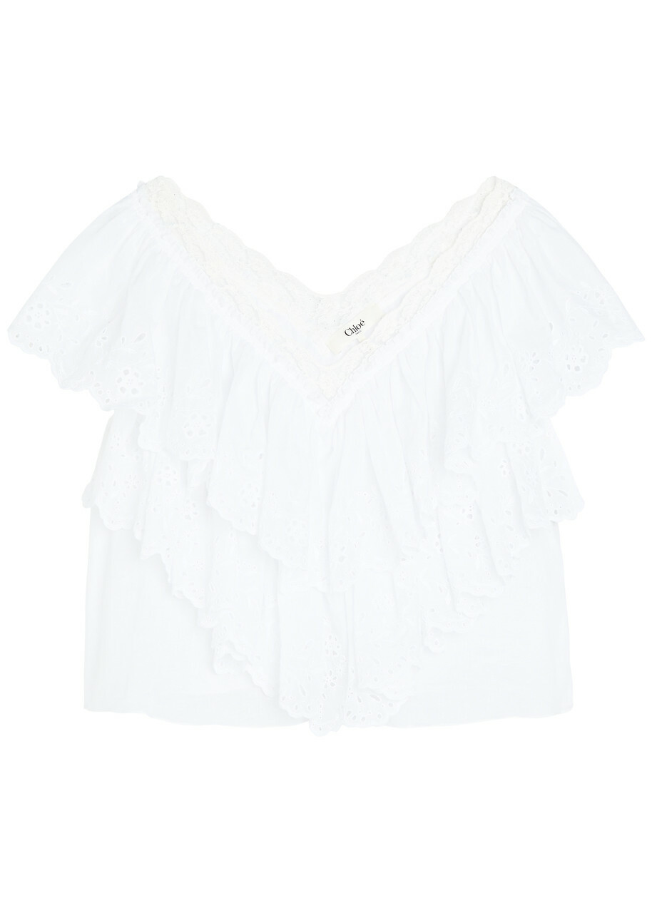 Chloe Embroidered Ruffled Cropped Cotton top White