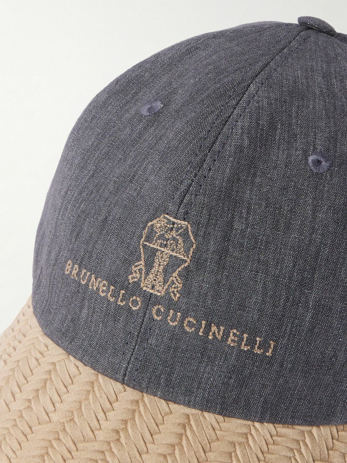 Brunello Cucinelli - Logo-Embroidered Suede-Trimmed Linen Brunello Cucinelli - Logo-Embroidered Suede-Trimmed Linen