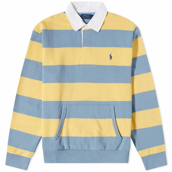 Photo: Polo Ralph Lauren Men's Kangaroo Pocket Striped Jersey Rugby Shirt in Empire Yellow/Channel Blue