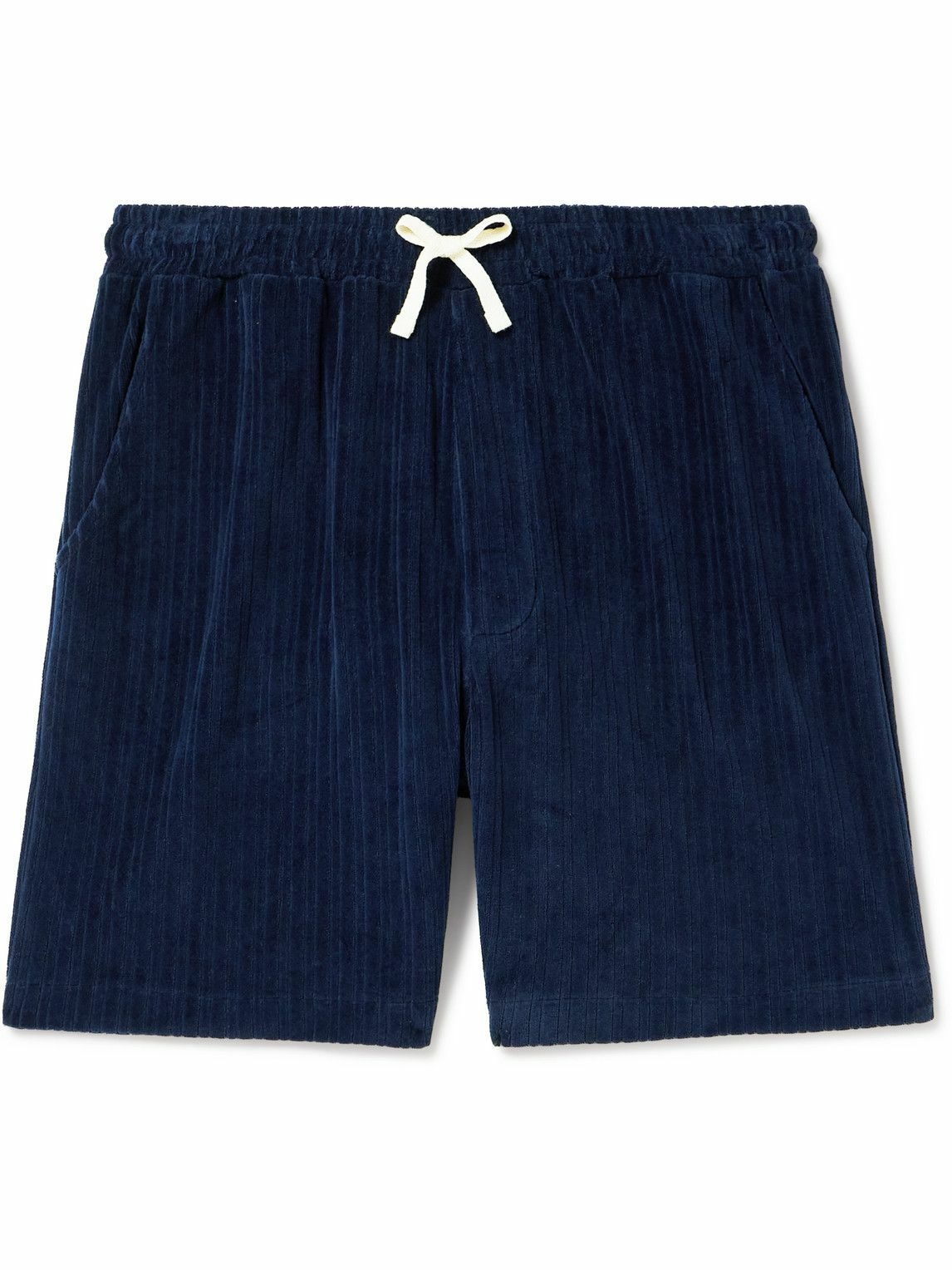 Photo: Oliver Spencer - Weston Straight-Leg Ribbed Organic Cotton-Blend Terry Drawstring Shorts - Blue
