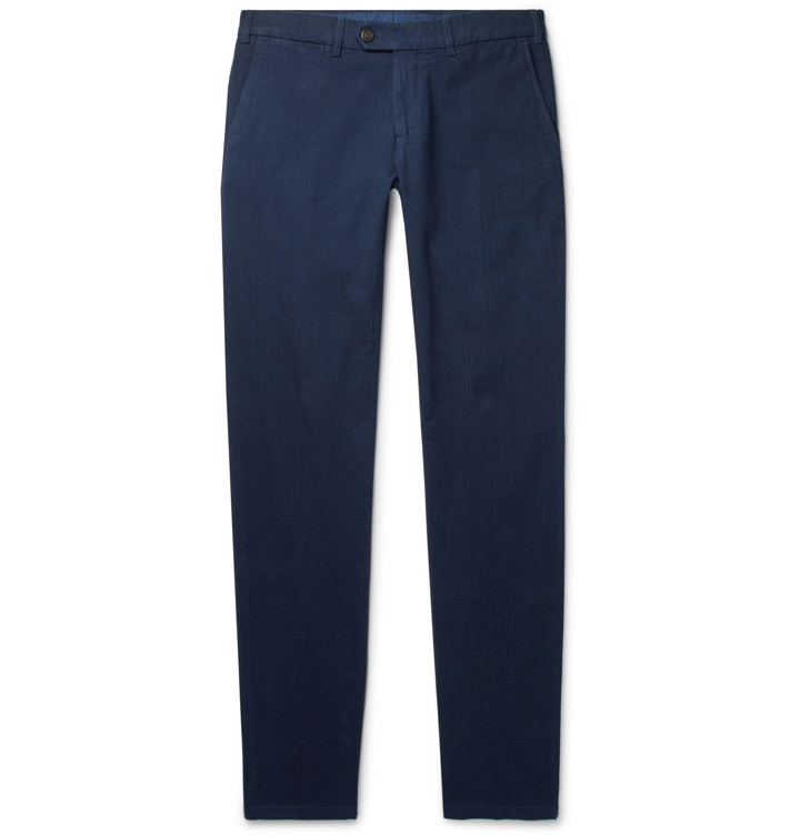 Photo: Canali - Navy Slim-Fit Herringbone Stretch-Cotton Trousers - Blue