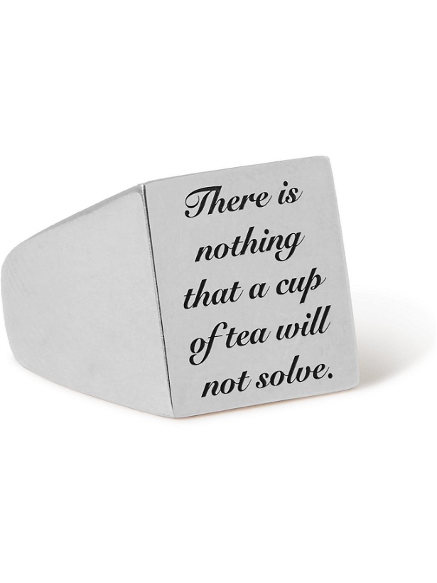 Photo: Bleue Burnham - Drink Tea Engraved Recycled Sterling Silver Signet Ring - Silver