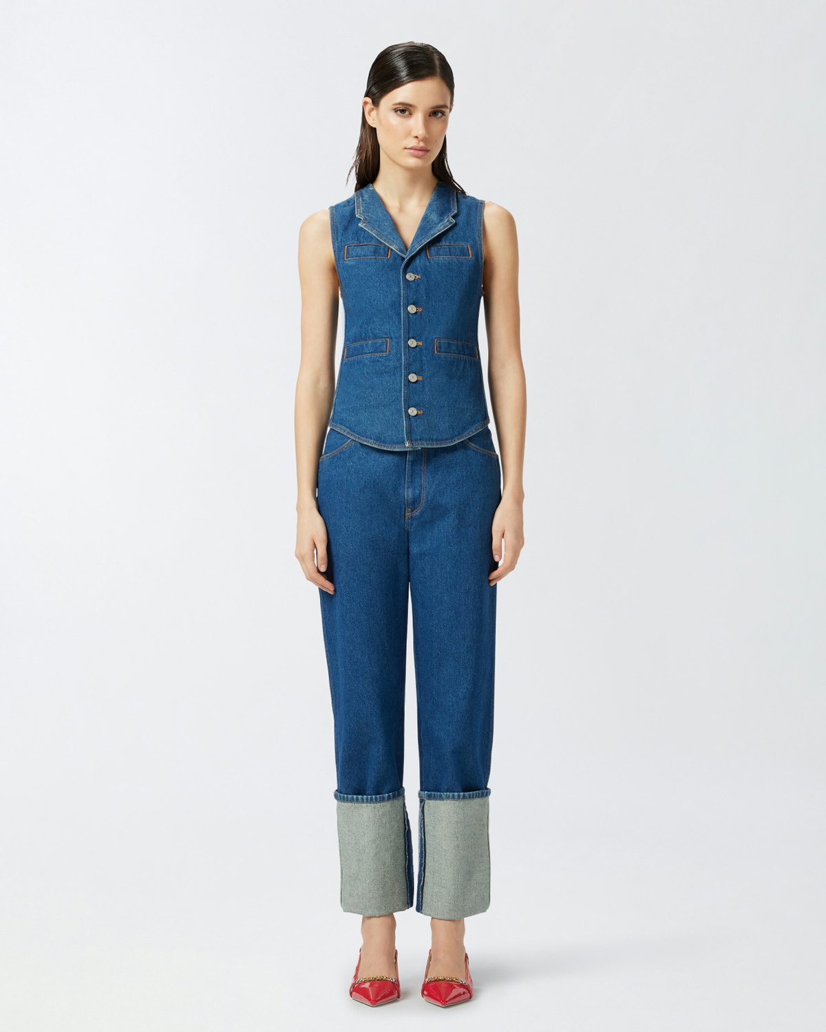 Pinko Reimagine By Pinko X Patrick Mc Dowell Slim Fitting Denim Waistcoat Rinse Wash
