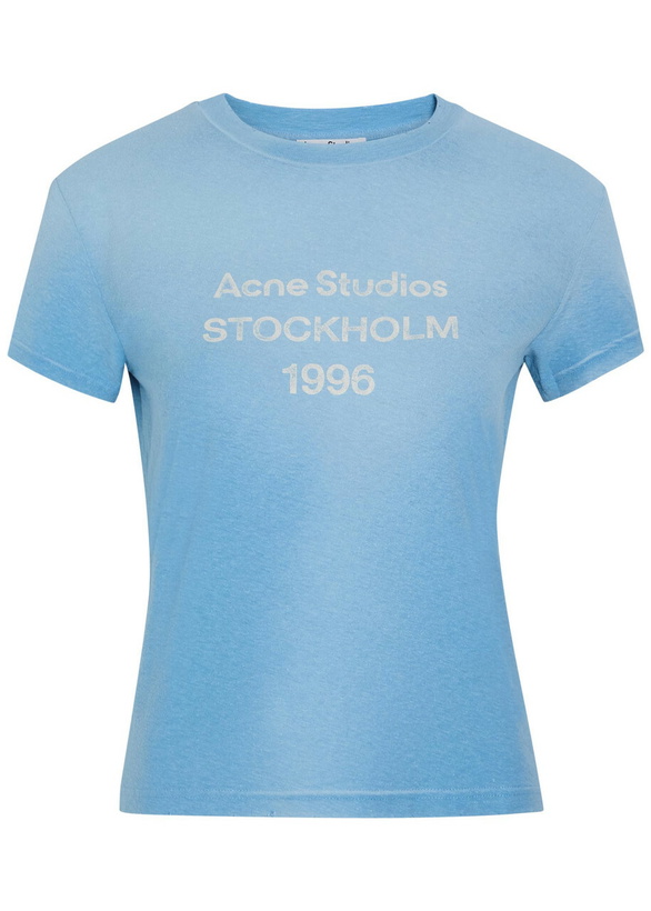 Photo: Acne Studios Distressed Logo-print Cotton-blend T-shirt Blue