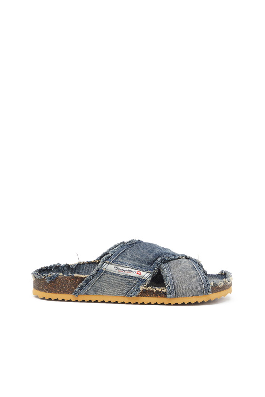 Photo: Diesel D-Woodstock-Crossover slides in frayed denim - Sandals Mens in Blue