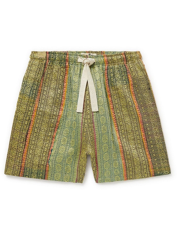 Photo: Karu Research - Wide-Leg Upcycled Striped Cotton and Silk-Blend Drawstring Shorts - Green