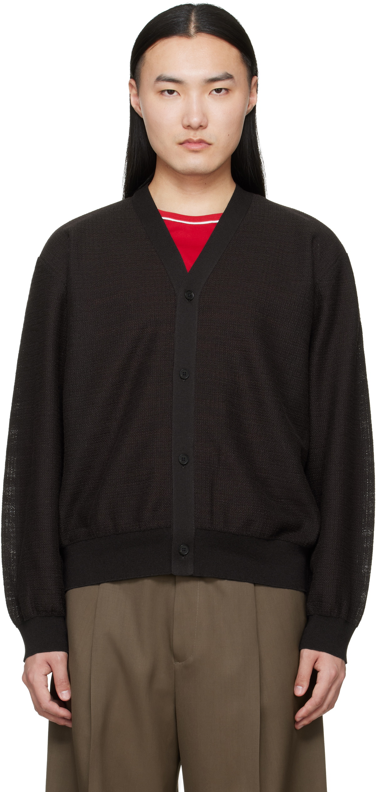 ssstein Brown Slub Cotton Knit Cardigan