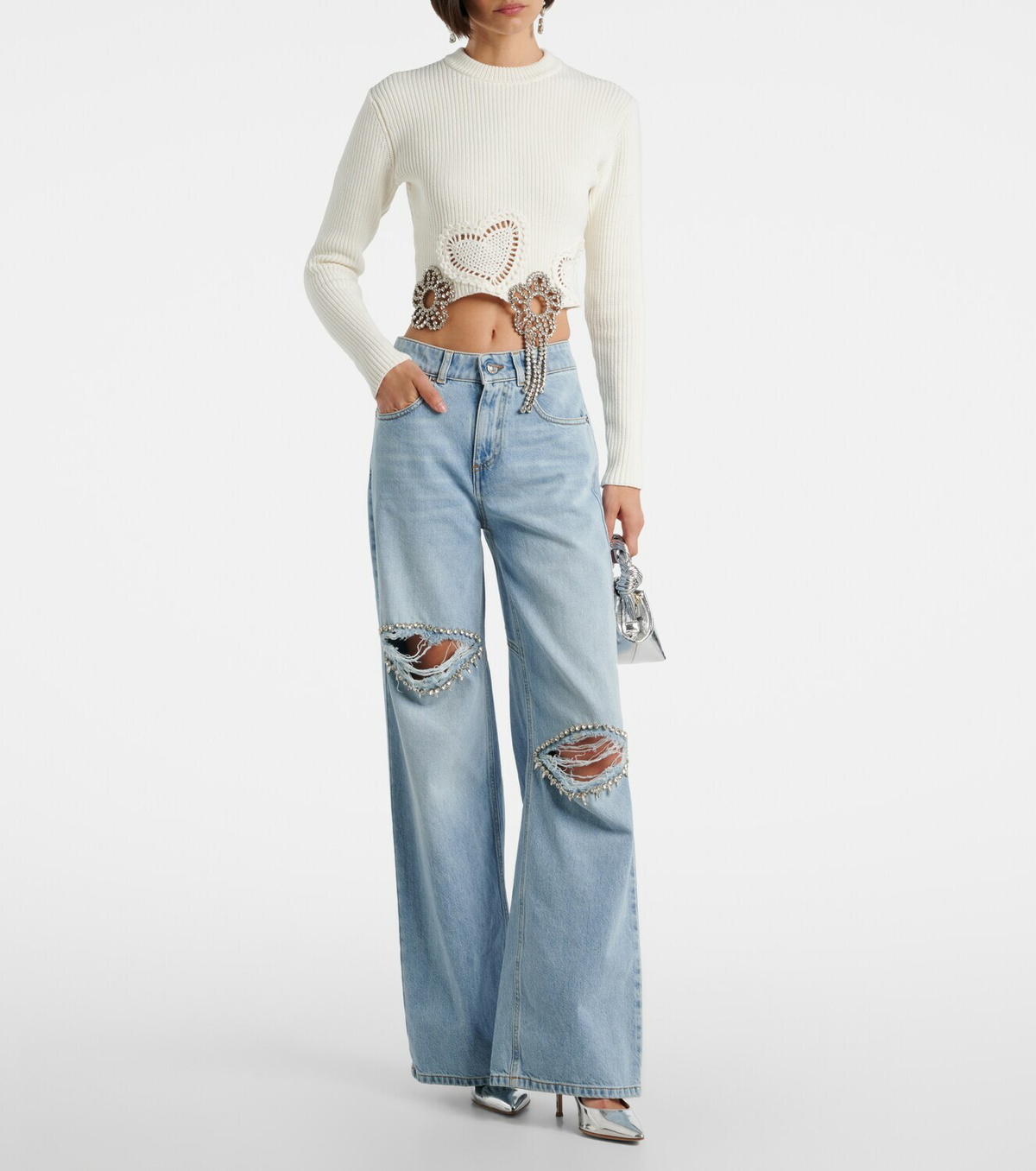 Area Distressed embellished wide-leg jeans