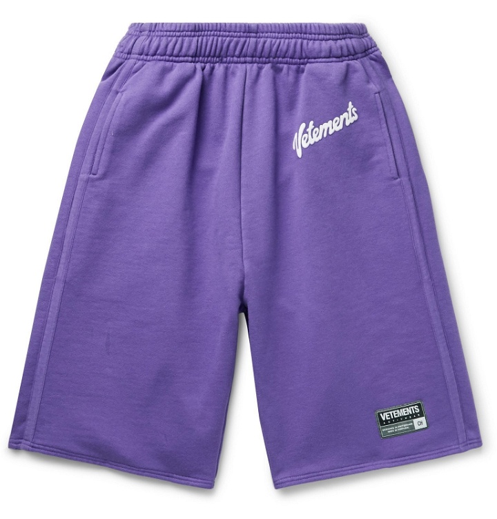 Photo: Vetements - Logo-Detailed Loopback Cotton-Blend Jersey Shorts - Purple