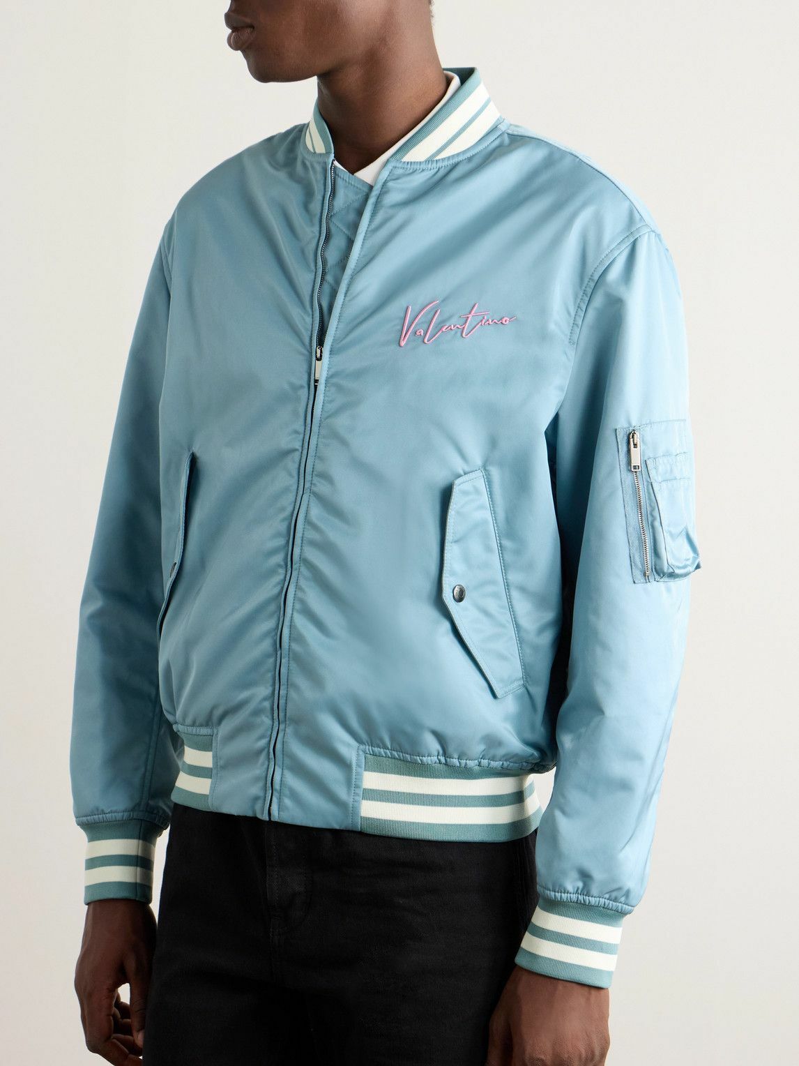 Valentino Garavani - Logo-Embroidered Striped Shell Bomber Jacket - Blue