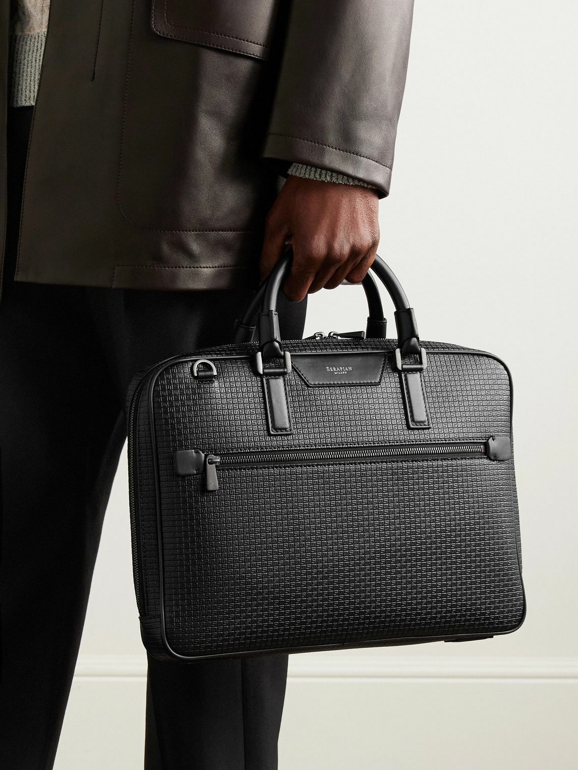 Serapian - Leather-Trimmed Logo-Embossed Stepan Coated-Canvas Briefcase