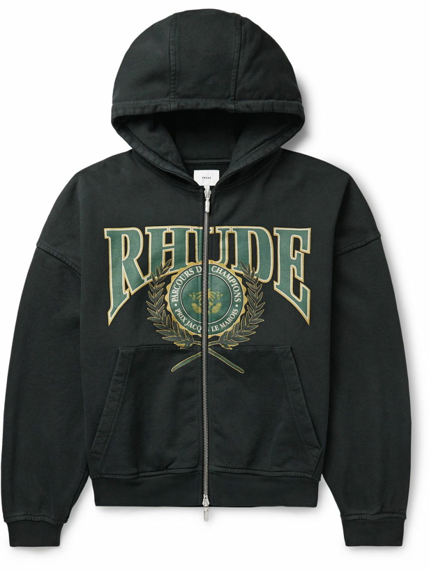 Photo: Rhude - Logo-Print Cotton-Jersey Zip-Up Hoodie - Black