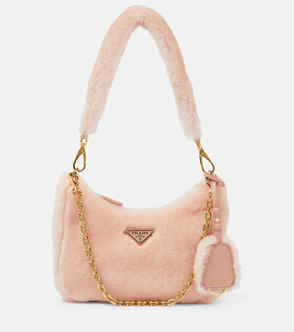 Prada Mini Triangle Logo Shearling Shoulder Bag - Pink for Women