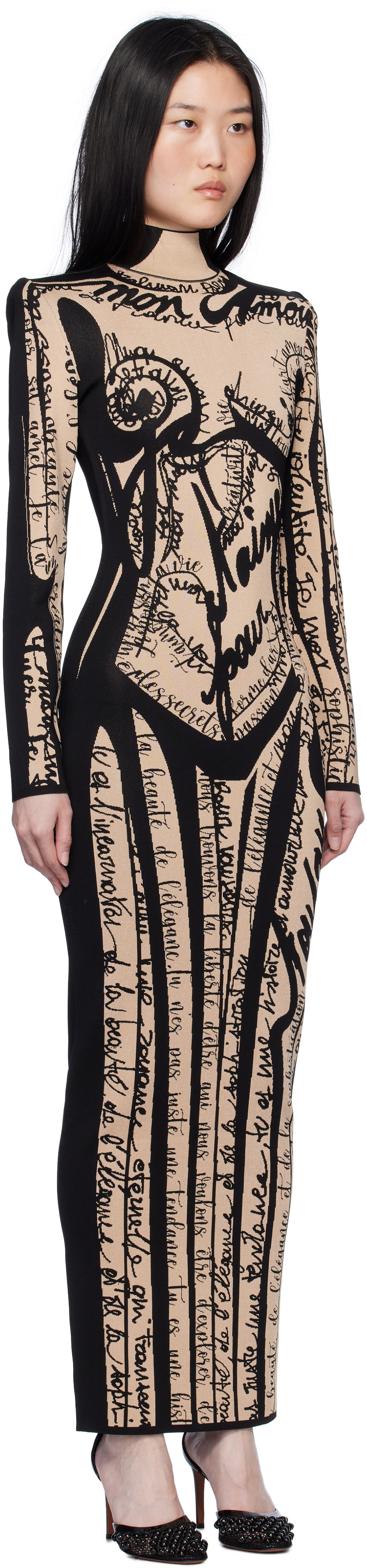 Balmain Black & Tan Body Motif Knit Maxi Dress