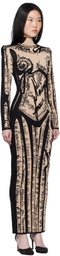 Balmain Black & Tan Body Motif Knit Maxi Dress
