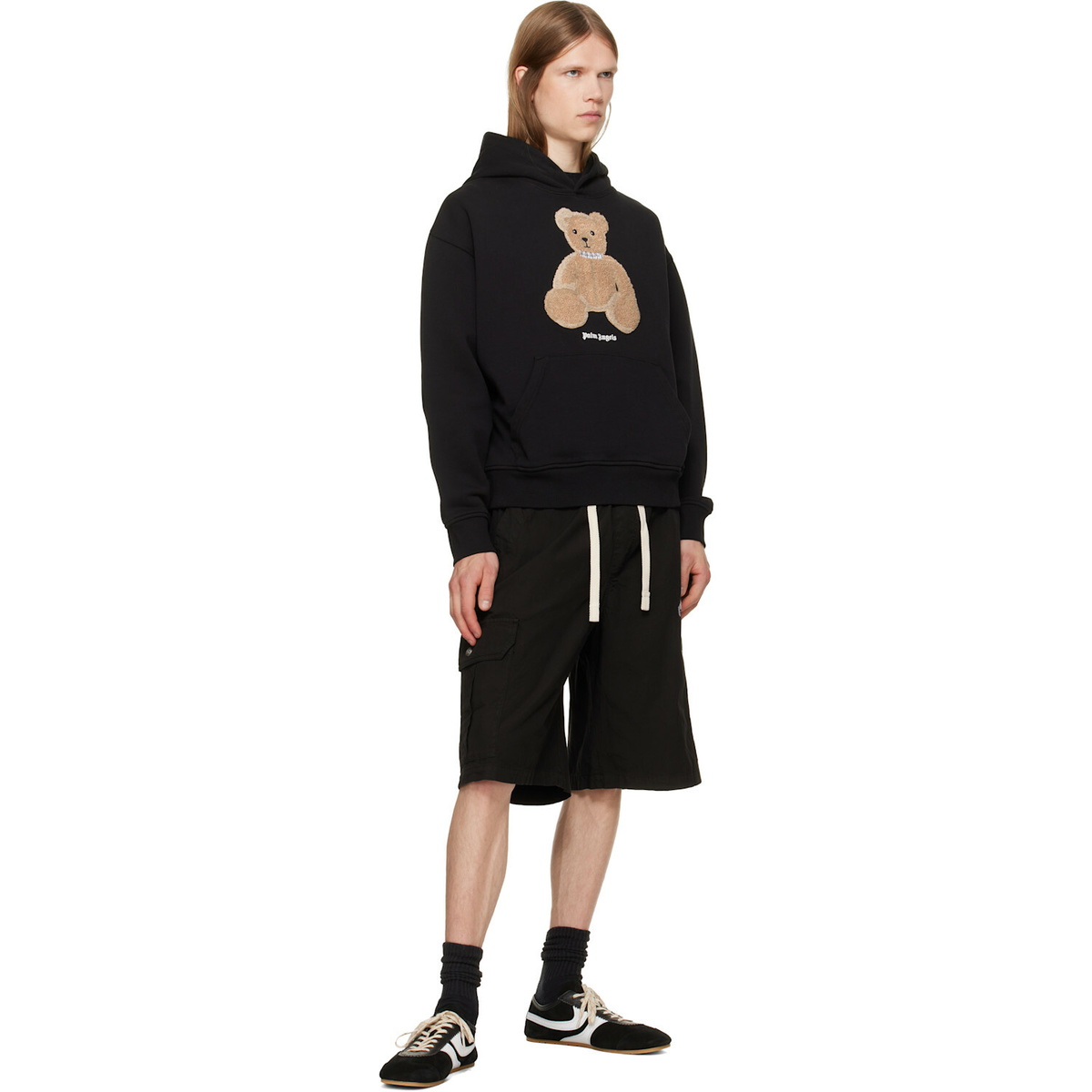 Palm Angels Black Curved Logo Loose Cargo Shorts