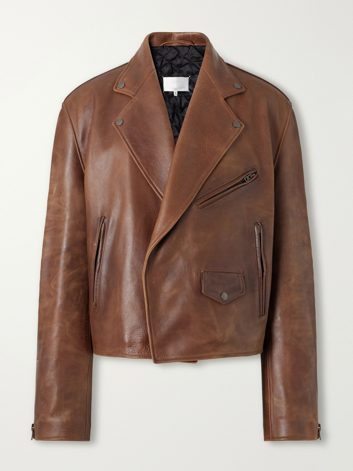Maison Margiela - Cropped Distressed Full-Grain Leather Biker Jacket - Brown