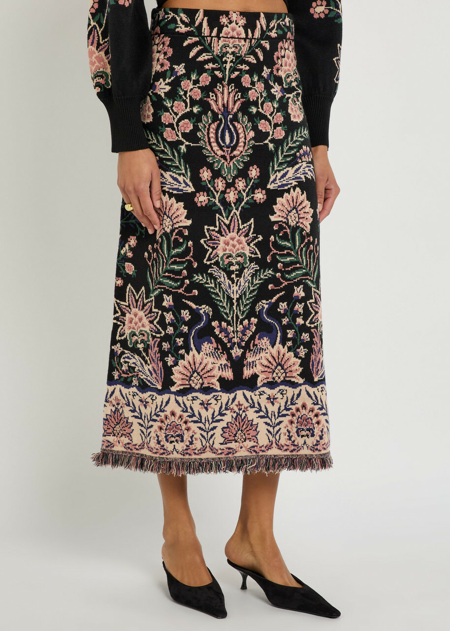 Farm Rio Marvelous Garden Floral-jacquard Knit Midi Skirt Black