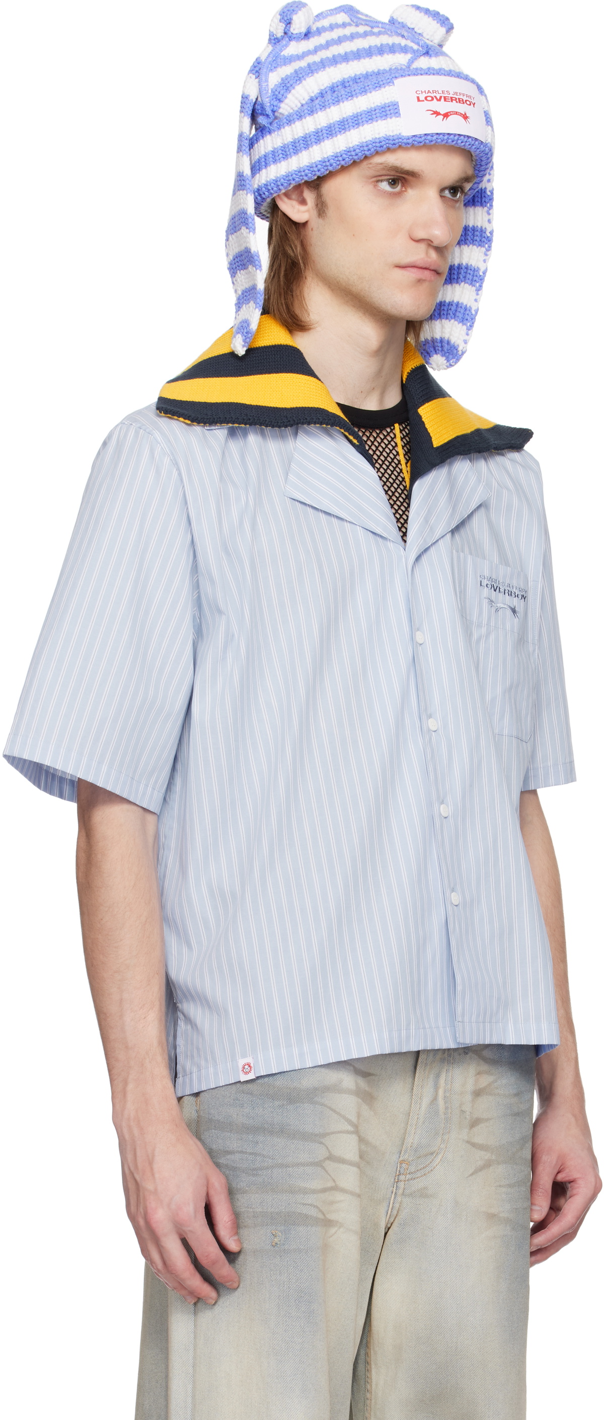 Charles Jeffrey LOVERBOY Blue & White Knit Collar Shirt Charles