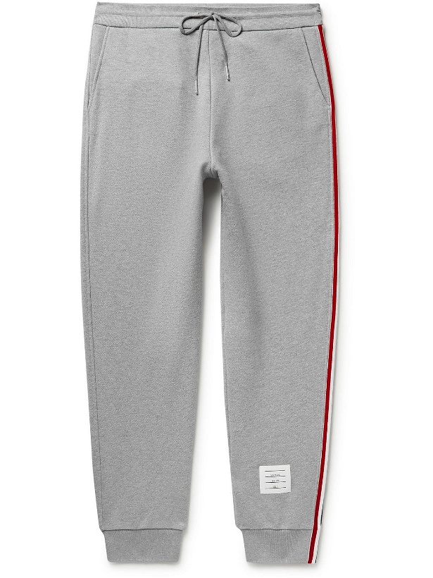 Photo: Thom Browne - Tapered Grosgrain-Trimmed Cotton-Jersey Sweatpants - Gray