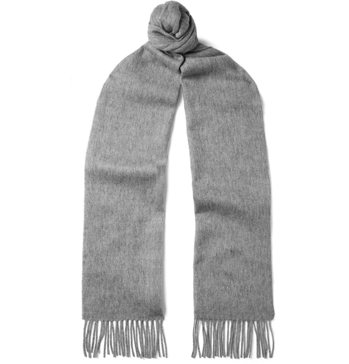 Photo: Mulberry - Fringed Logo-Embroidered Mélange Lambswool Scarf - Gray