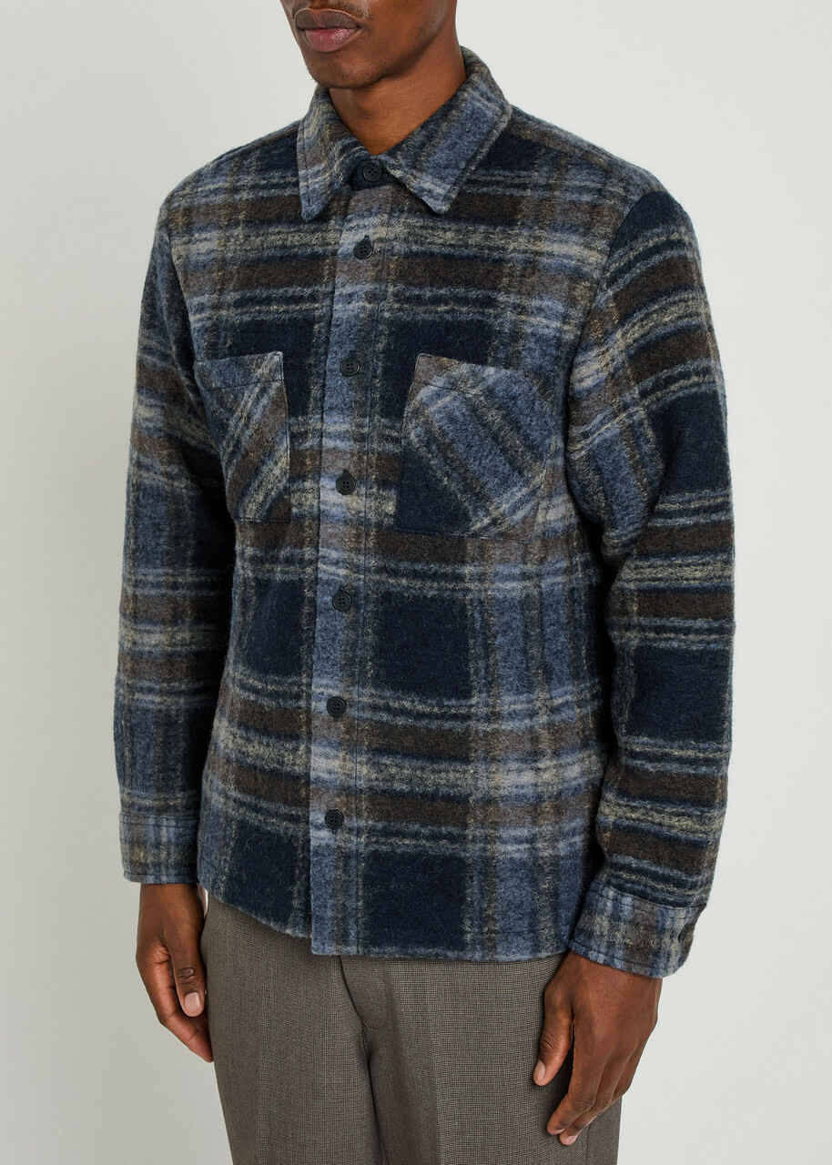 Wax London Whiting Checked Wool-blend Overshirt Navy