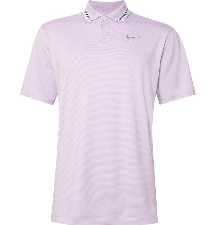 Photo: Nike Golf - Vapor Logo-Embroidered Striped Stretch Dri-FIT Golf Polo Shirt - Lilac