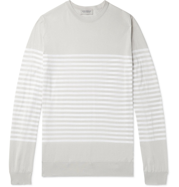 Photo: John Smedley - Striped Sea Island Cotton Sweater - Gray