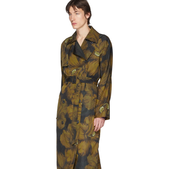 Dries Van Noten Black and Yellow Rennie Floral Trench Coat Dries