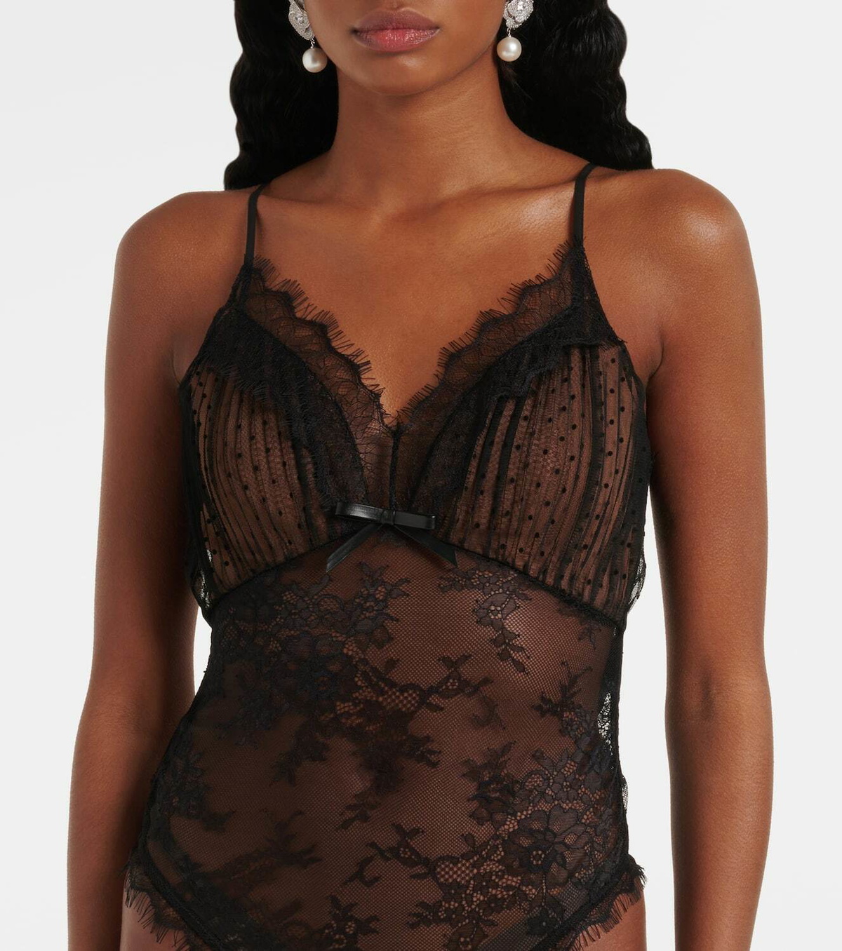 Self-Portrait Embroidered lace-trimmed mesh bodysuit