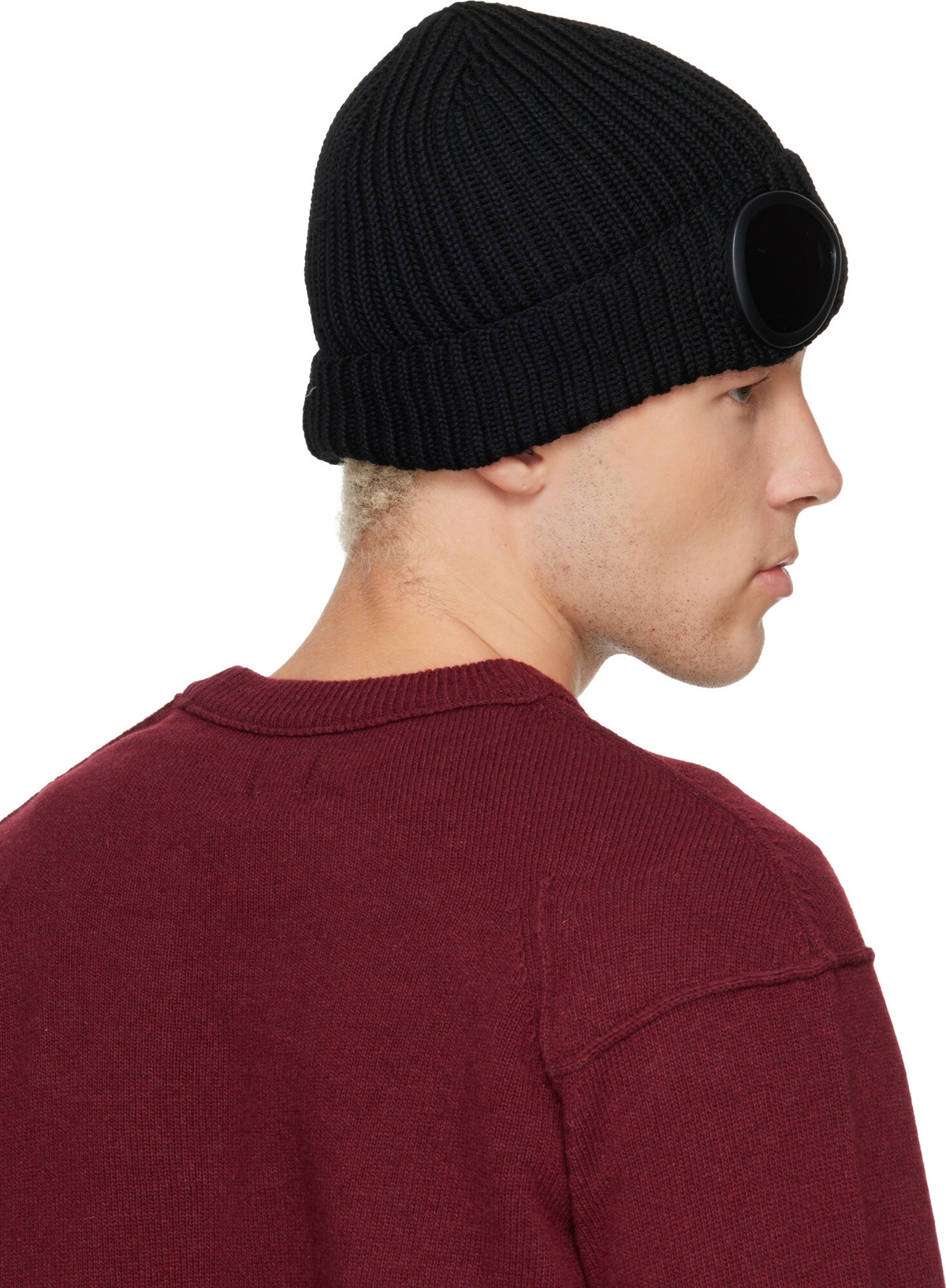 C.P. Company Black Extrafine Merino Wool Goggle Beanie