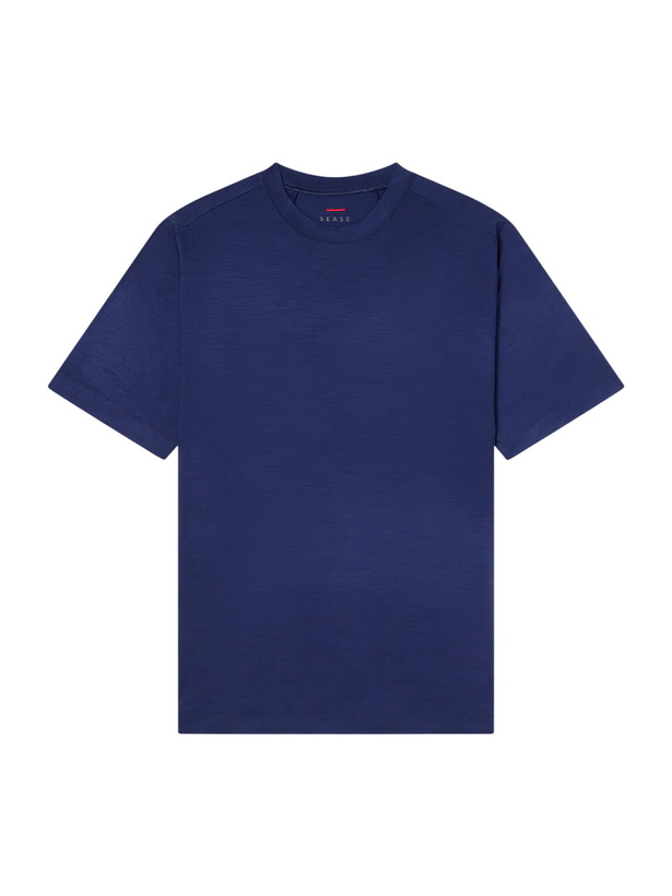 Photo: SEASE - Runner Logo-Print Merino Wool T-Shirt - Blue