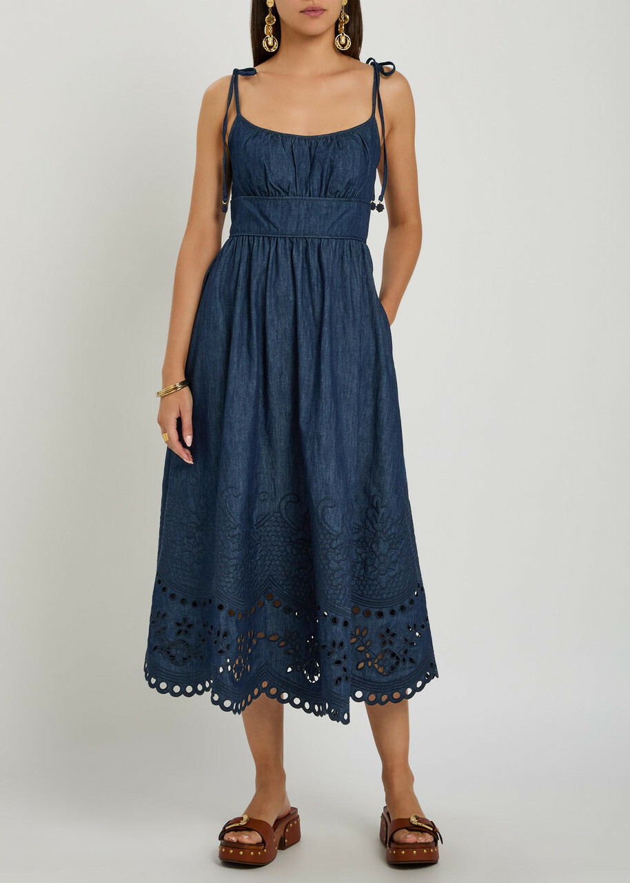 Zimmermann Mahon Broderie Anglaise Denim Midi Dress Navy