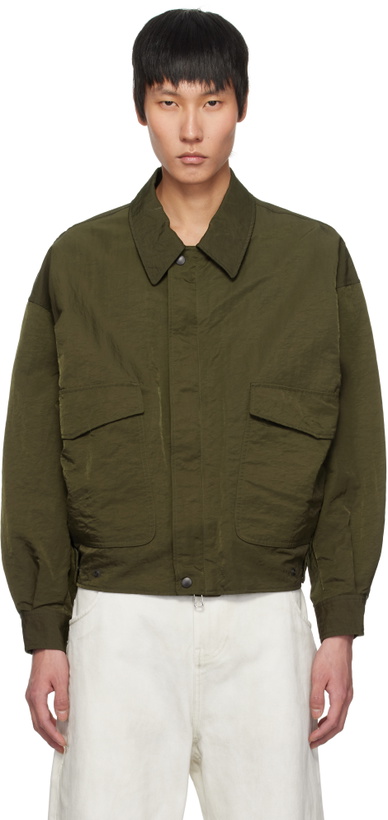 Photo: YOKE Khaki Hard Wash Nylon Twill Bomber Jacket