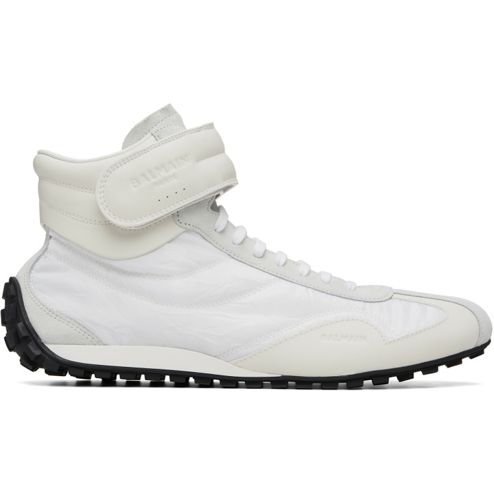 Photo: BALMAIN White Racing Mid-Top Sneakers